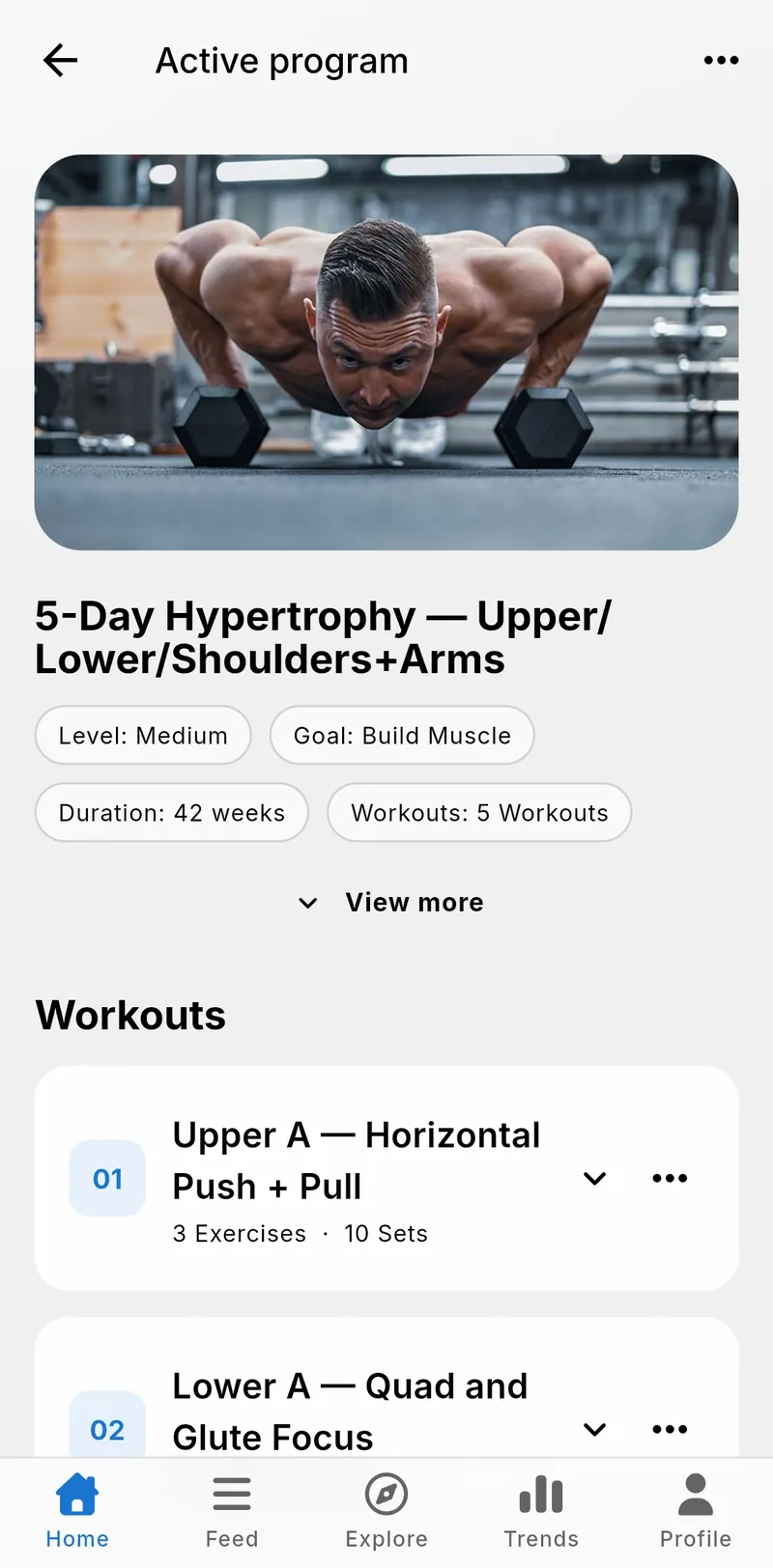 Strenova active program showing program details and workouts