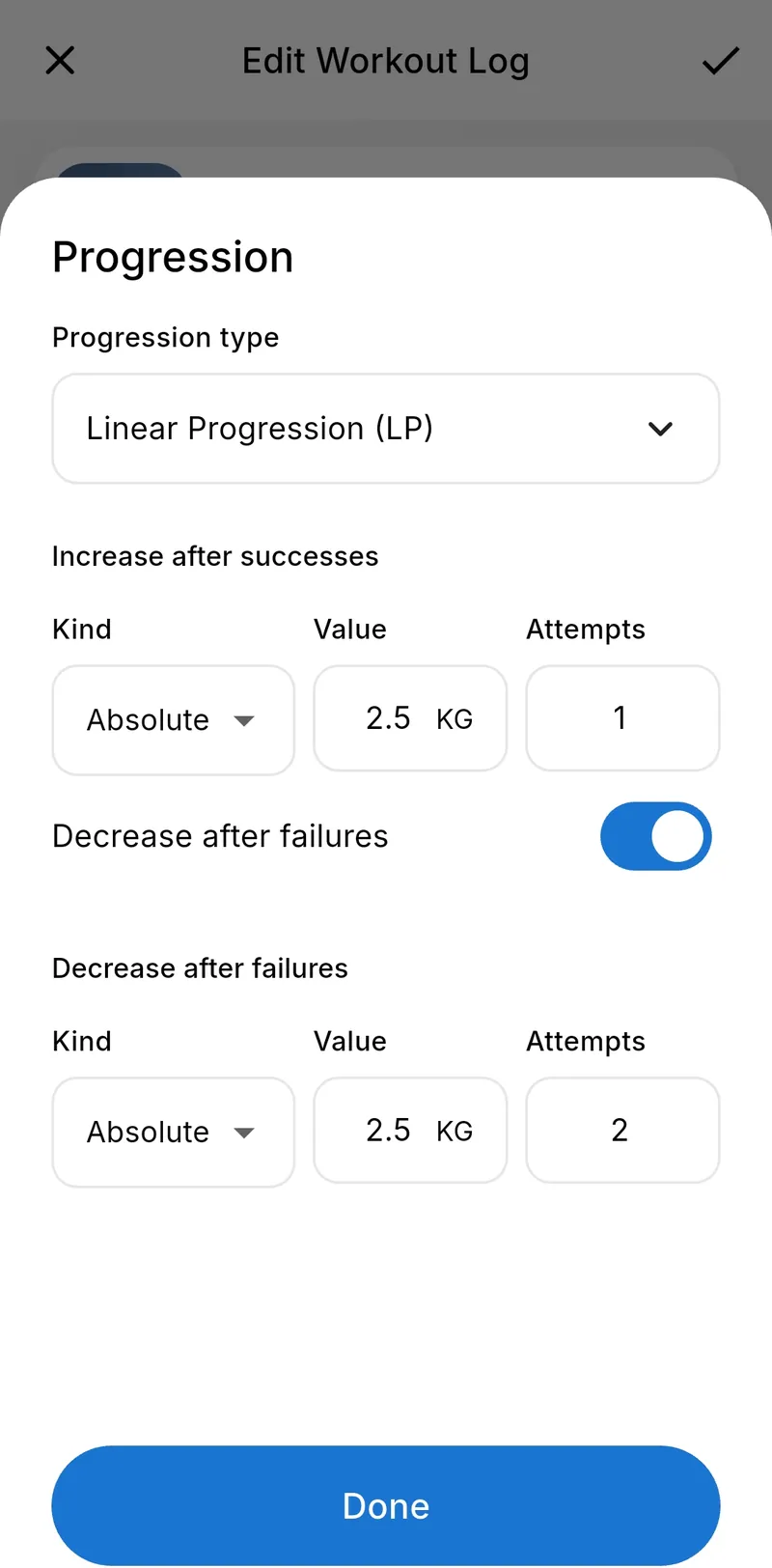 Strenova exercise progression settings showing increases and decreases based on performance